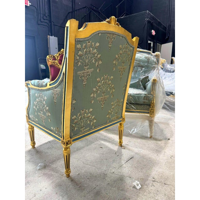 French French Louis XV Style Blue-Green Bergere Wing Chair Set of 2 Chairs For Sale - Image 3 of 7