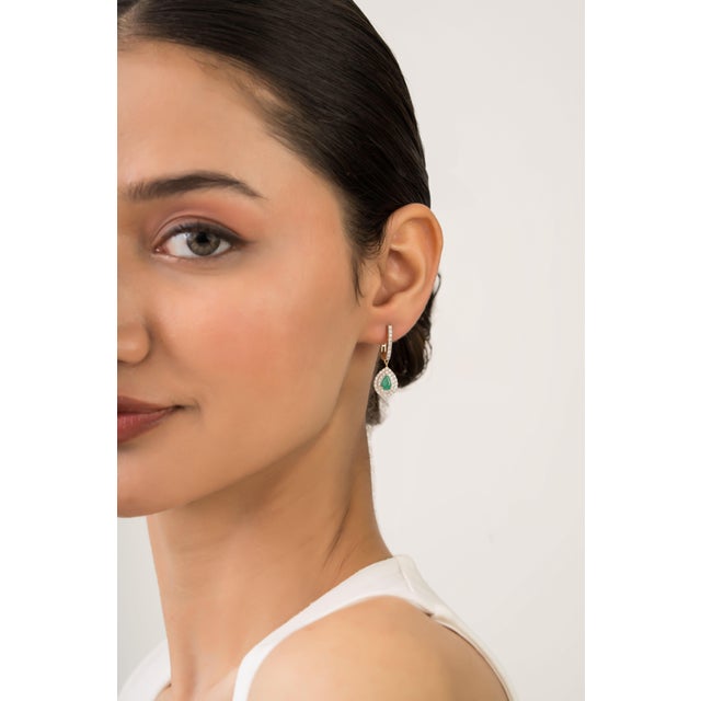 Green Luxury Emerald & Diamond Double Halo Latchback Earrings in 14k Yellow Gold- 2 Pieces For Sale - Image 8 of 12
