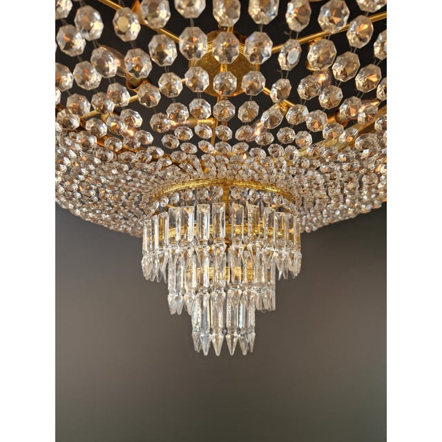 1930s Low Plafonnier Crystal Chandelier Brass Lustre Ceiling Art Deco Gold For Sale - Image 6 of 12
