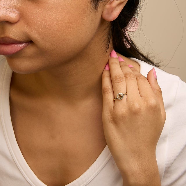 10K Yellow Gold Orange Citrine and 1/6 Cttw Diamond Halo Stud Earrings ,A Pair For Sale - Image 4 of 5