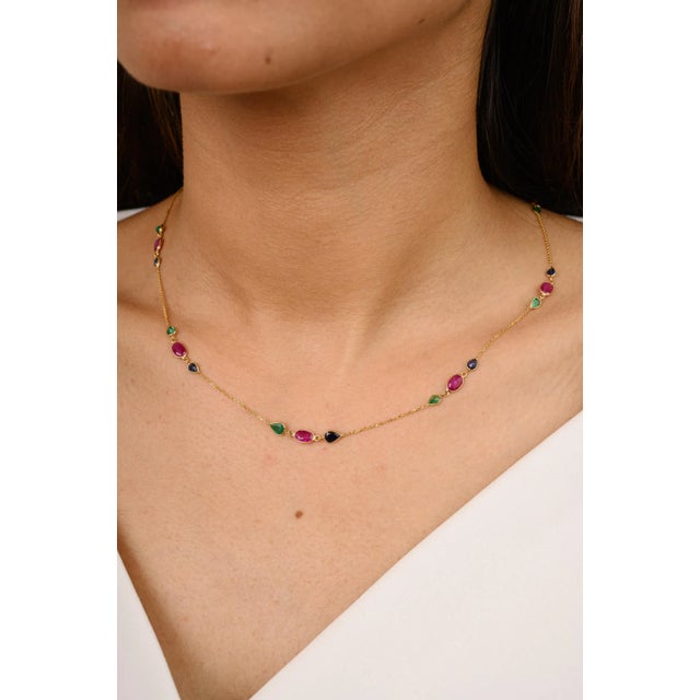 18k Yellow Gold Emerald Ruby & Sapphire Beaded Necklace for Women For Sale - Image 4 of 15