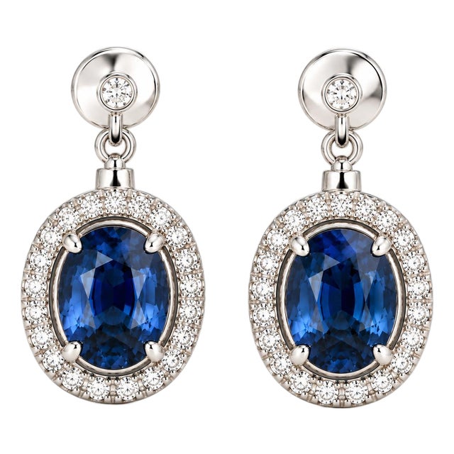 Mid 20th Century Pair of 14k White Gold Blue Sapphire & Diamond Halo Drop Earrings For Sale