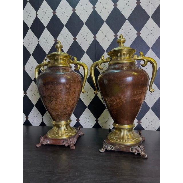1970s Grand Neoclassical Patinated Metal Urns With Gilt Scroll Handles, Pair, 16" For Sale - Image 13 of 15