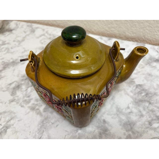 1970s Vintage Green Floral Textured Teapot For Sale - Image 5 of 8