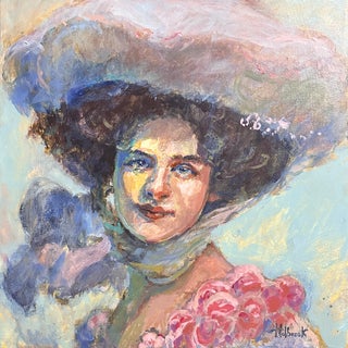 Vintage Painting of an Edwardian Woman With Hat & Scarf For Sale