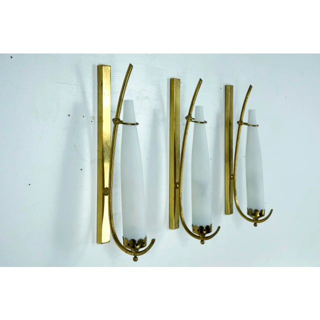 Metal Sconces in Brass and Triplex Opaline Glass in the style of Arredoluce, Italy, 1950s, Set of 3 For Sale - Image 7 of 13