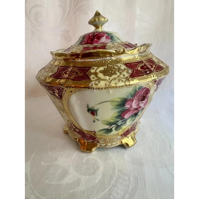 Antique Nippon Morimura Floral Moriage Biscuit Jar, Gold & Mauve For Sale - Image 13 of 15