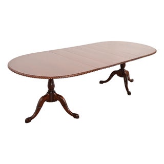 Baker Furniture Style Georgian Carved Walnut Double Pedestal Extension Dining Table, Newly Refinished For Sale