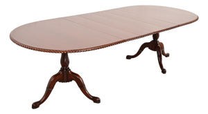 Baker Furniture Style Georgian Carved Walnut Double Pedestal Extension Dining Table, Newly Refinished