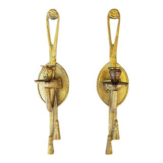 Two Tall Gold Brass Trompe L' Oeil Tassel Motif Candle Wall Sconces, a Pair For Sale