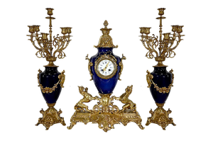 Louis XVI Style Gilded Bronze Clock & Vases, Set of 3
