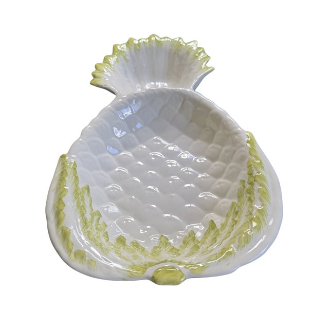 1960s Vintage Italian White Ceramic Pineapple Dish, Hand-Glazed Green Leaf — Hollywood Regency For Sale - Image 5 of 5