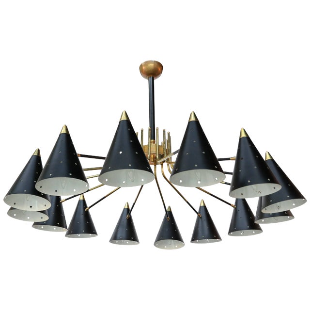 Midcentury Style Brass Chandelier With Black Perforated Shades For Sale