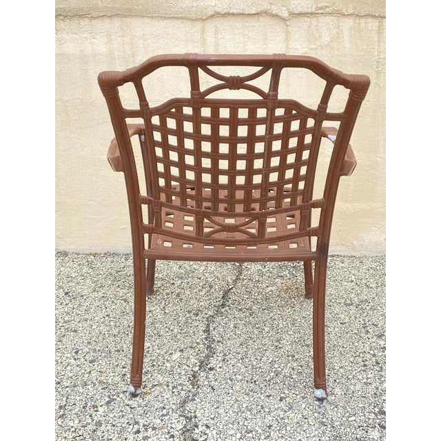 Late 20th Century Cast Aluminum Basket Weave Lattice Rattan Metal Patio Outdoor Arm Chair For Sale - Image 9 of 10