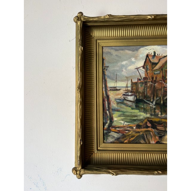 1950's S. Wolfson Fishing Dock Coastal Landscape Oil Painting For Sale - Image 9 of 12