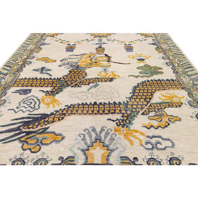 Chinoiserie 9x12 Hand-Knotted Modern Chinoiserie Wool Rug – Dragon & Cloud Motif in Cream For Sale - Image 3 of 11