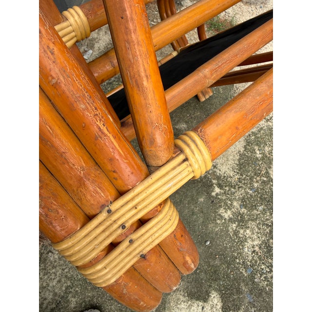 Wood Mid Century Paul Frankl Style Bent Rattan Bamboo Three Strand Pretzel Lounge Chair S Front For Sale - Image 7 of 12