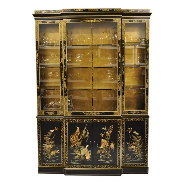 Drexel Et Cetera Chinoiserie Black Lacquer Decorated Breakfront China Cabinet For Sale