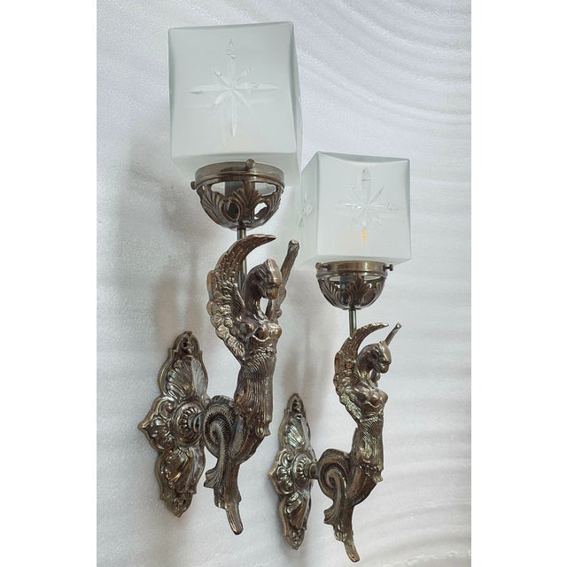 1940s Vintage Art Nouveau Deco Light Old Lamp Lion Mermaid Wall Sconces Fixture Brass & Star Glass Shade Light Lamp - a Pair For Sale - Image 5 of 5