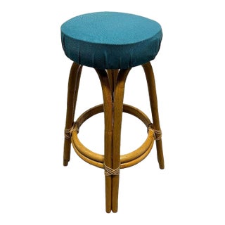 Restored MCM Single Stand Arched Rattan Bar Stool W/ Blue Seat, 8 Available For Sale