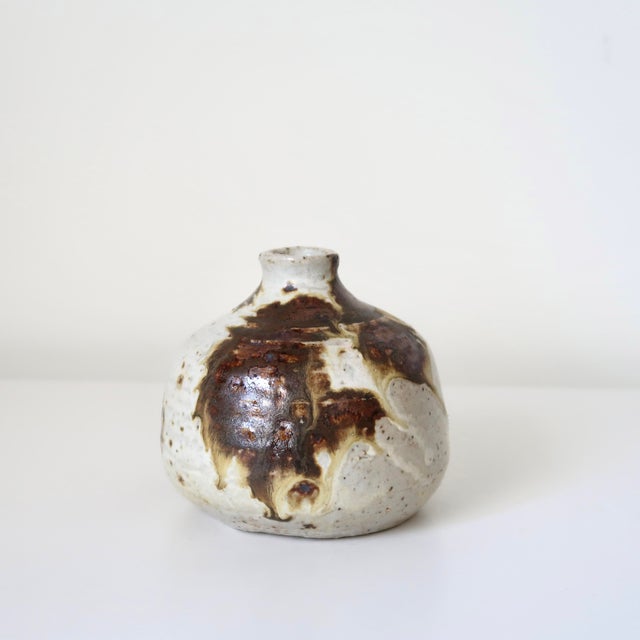 Wabi Sabi Studio Pottery Sculptural Rounded Bud Vase With Strokes of Mottled Brown & Ivory Drip Glaze For Sale - Image 13 of 16