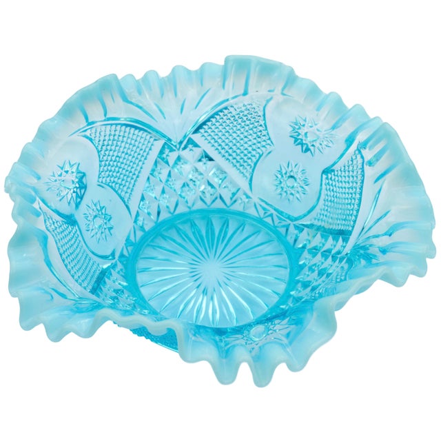 Mid 20th Century Handmade Americana Blue-Opalescent Glass-Cut Ruffled Bowl For Sale - Image 4 of 8