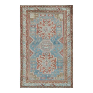 Antique Persian Heriz Medallion Rug in Sky Blue and Rust Tones - Rug & Kilim For Sale