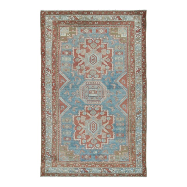 Antique Persian Heriz Medallion Rug in Sky Blue and Rust Tones - Rug & Kilim For Sale
