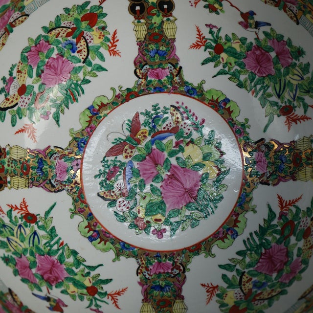 Antique Large Chinese Rose Medallion Porcelain Wash Bowl with Garden Scene & Butterflies 20thC Measures - 7 1/2"h x 16"w x...