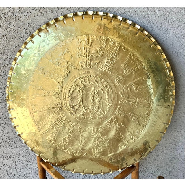 Mid 20th-Century Persian Qajar-Inspired Design Brass Chased & Repoussé Charger Tray Top Accent or Coffee Table For Sale - Image 4 of 17