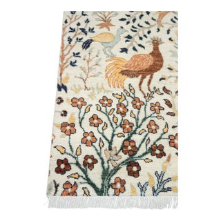 8x10Ft. White Peacock Wool Rug, Hand Knotted Birds Garden For Sale