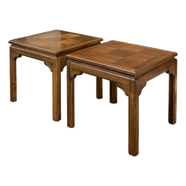 1980s Ethan Allen Classic Manor Chinese Chippendale Parquet Maple Square Side Tables - A Pair (15-8003) For Sale