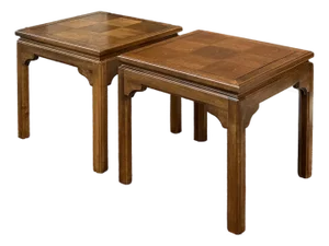 1980s Ethan Allen Classic Manor Chinese Chippendale Parquet Maple Square Side Tables - A Pair (15-8003)