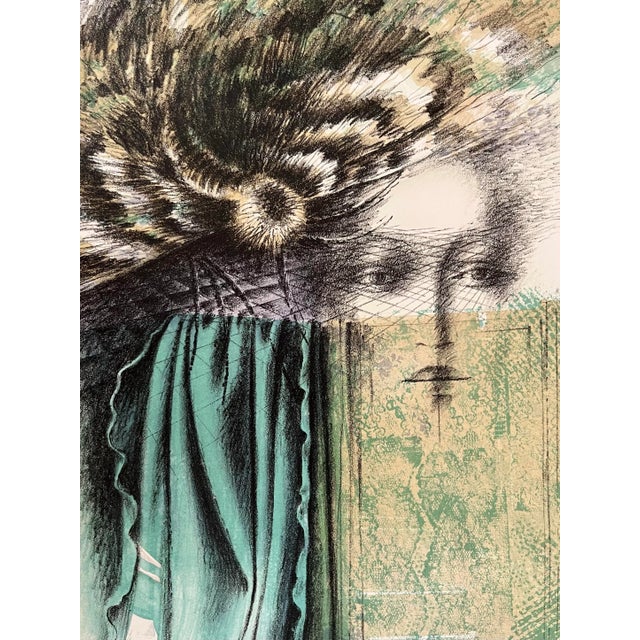 Vintage original surrealist color lithograph of a mysterious woman with fabrics. Signed lower right and numbered 32/80....