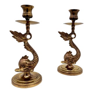 Vintage Patinated Brass Dolphin Candlestick Holders – Pair – Hollywood Regency / Neoclassic For Sale