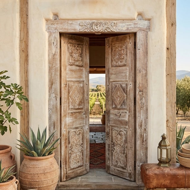 1920s Antique Indian Om Carved Double Door | Whitewashed Vintage Exterior Statement Doors For Sale - Image 5 of 5