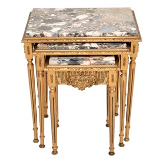 Antique French Gilt Wood Nesting Tables with Marble Tops, 1930, Set of 3 For Sale