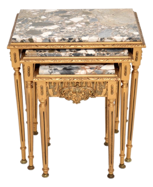 Antique French Gilt Wood Nesting Tables with Marble Tops, 1930, Set of 3