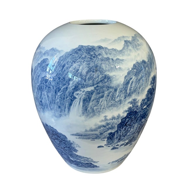 Vintage Chinoiserie Egg Shaped Blue and White Vase 16" H For Sale - Image 4 of 10