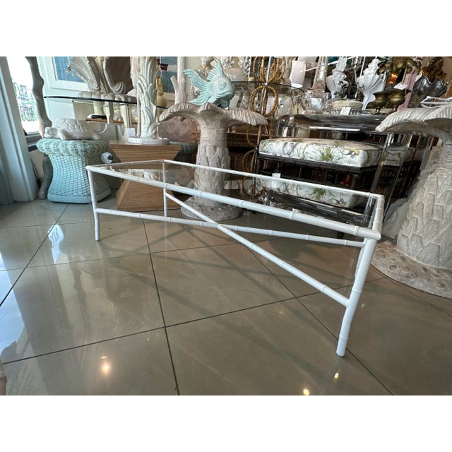 Vintage Faux Bamboo Patio Outdoor Metal Newly Powder-Coated White Coffee Cocktail Table For Sale - Image 9 of 12