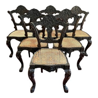Mid 1800's Anglo-Indian Ebony Carved Chairs- Set of 6 For Sale