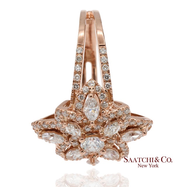 Metal 18k 750 Solid Rose Gold Floral Natural Diamond Ring, Size 7 For Sale - Image 7 of 13