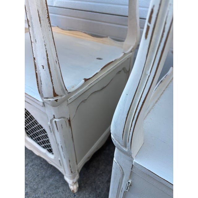 Wood Vintage French Country Nightstands, Pair of Distressed White Bedside Cabinets With Wire Mesh Doors, Cottage Farmhouse Furniture, Shabby Chic For Sale - Image 7 of 12