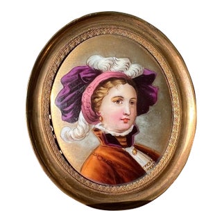 Hand painted miniature portrait on porcelain with gold-tone frame // original antique art // portrait of a female // collectible artwork For Sale