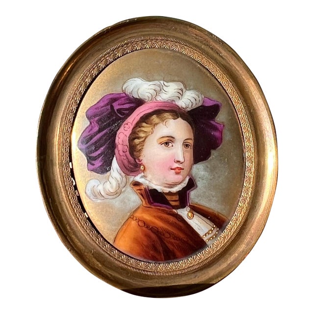 Hand painted miniature portrait on porcelain with gold-tone frame // original antique art // portrait of a female // collectible artwork For Sale