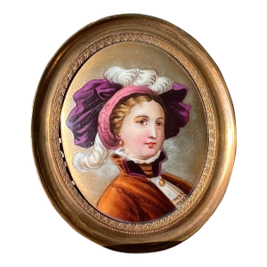 Hand painted miniature portrait on porcelain with gold-tone frame // original antique art // portrait of a female // collectible artwork