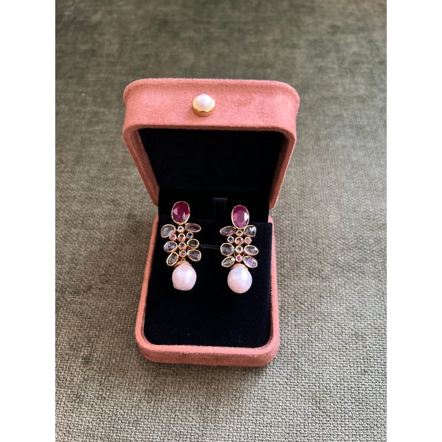 Bochic "Capri" Vintage Ruby & Rose Cut Sapphire Earrings Set 18K Gold & Silver For Sale In New York - Image 6 of 18