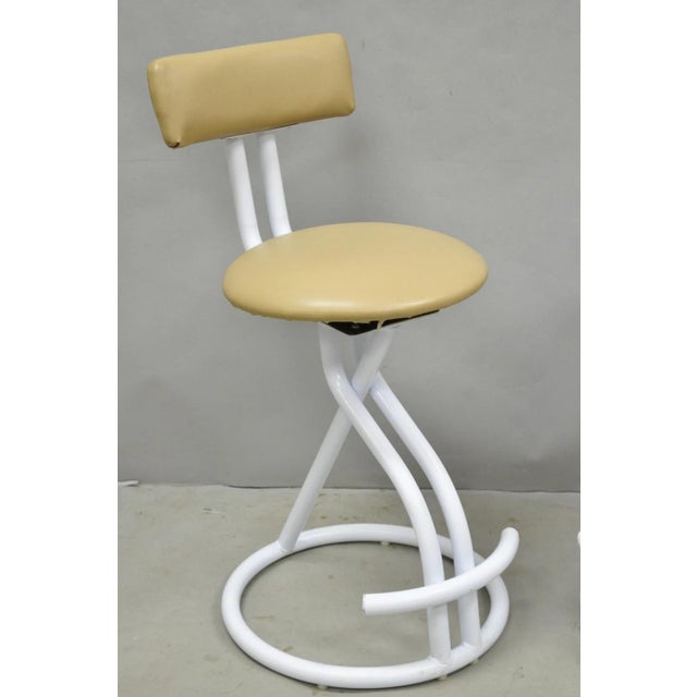 Postmodern Vintage Postmodern Memphis Style White Tubular Metal Swivel Bar Stools - A Pair For Sale - Image 3 of 17