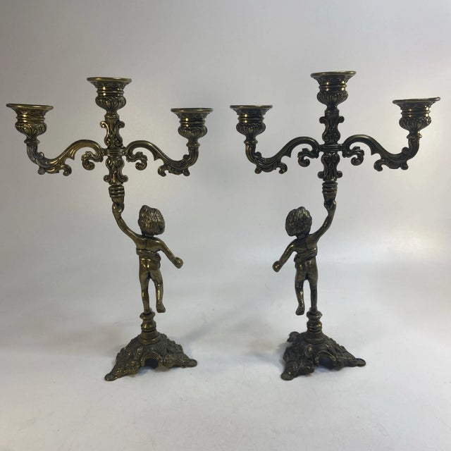 Vintage Pair Cherub Three Armed Candle Holder Cast Metal Italy Chateau Style For Sale - Image 4 of 11