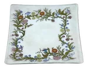 Vintage Dorothy C. Thorpe Wildflowers & Ribbon Large Square Glass Serving Platter